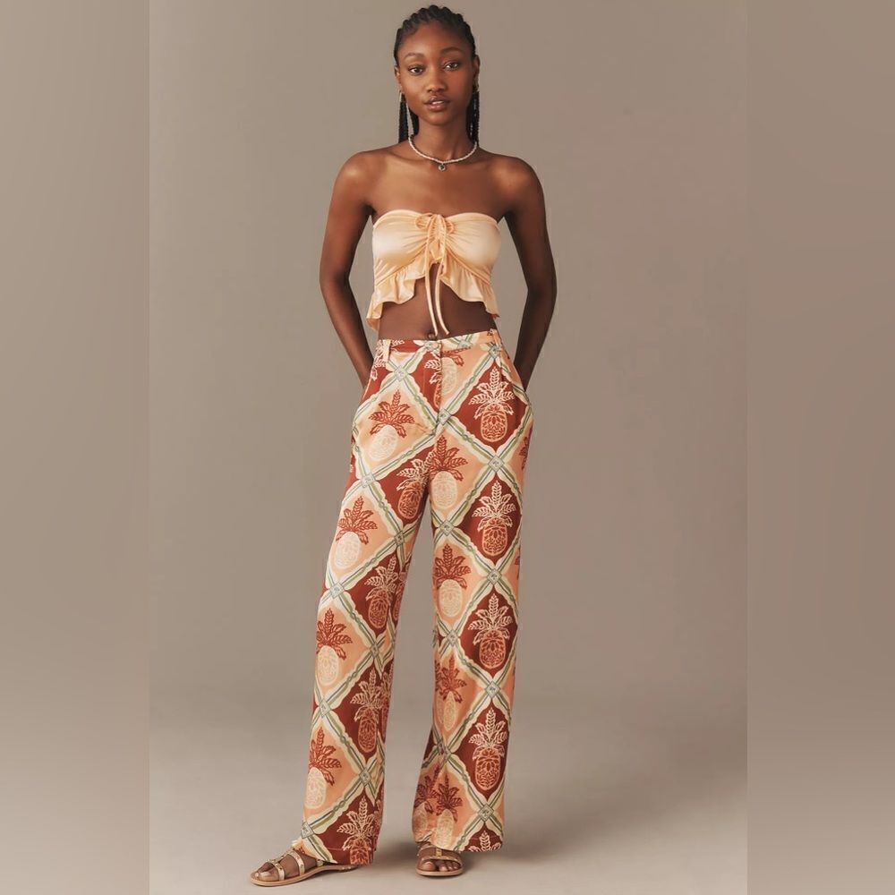 Farm Rio x Anthropologie Pineapple Satin Wide-Leg Pants Size Large